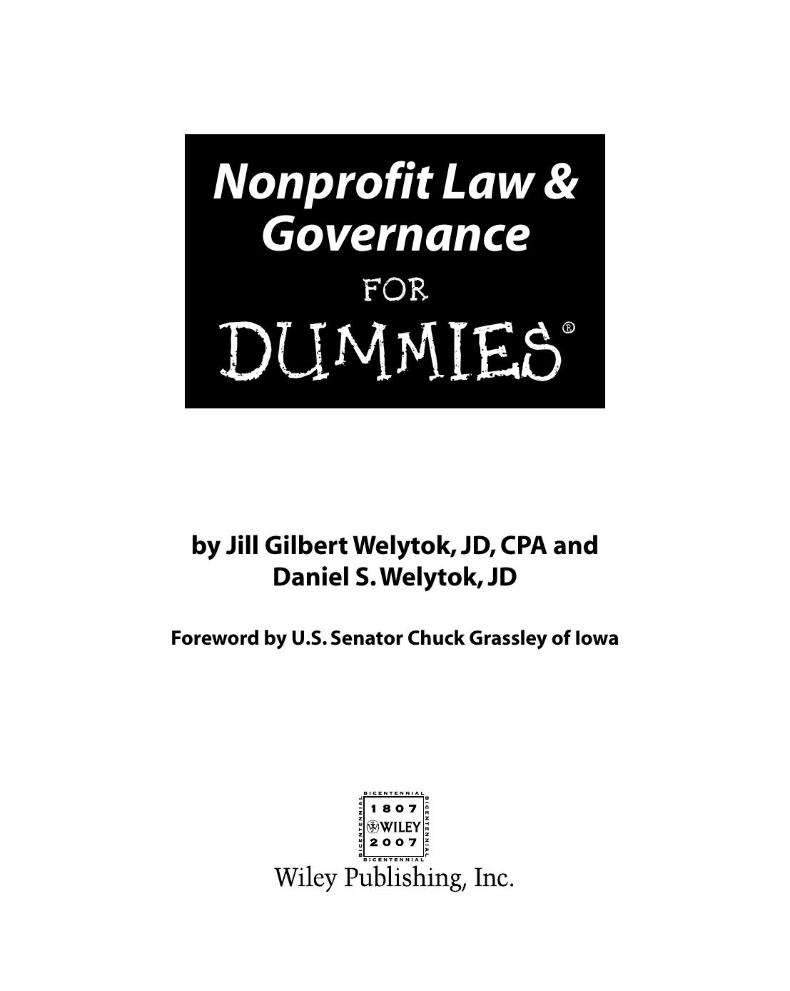Nonprofit Law & Governance for Dummies ISBN - 0470087897
