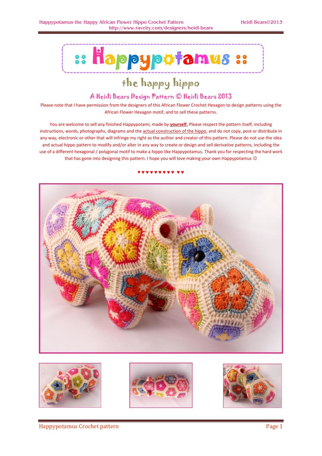 Happypotamus the Happy African Flower Hippo Crochet Pattern Heidi Bears©2013 http://www.ravelry.com/designers/heidi-bears