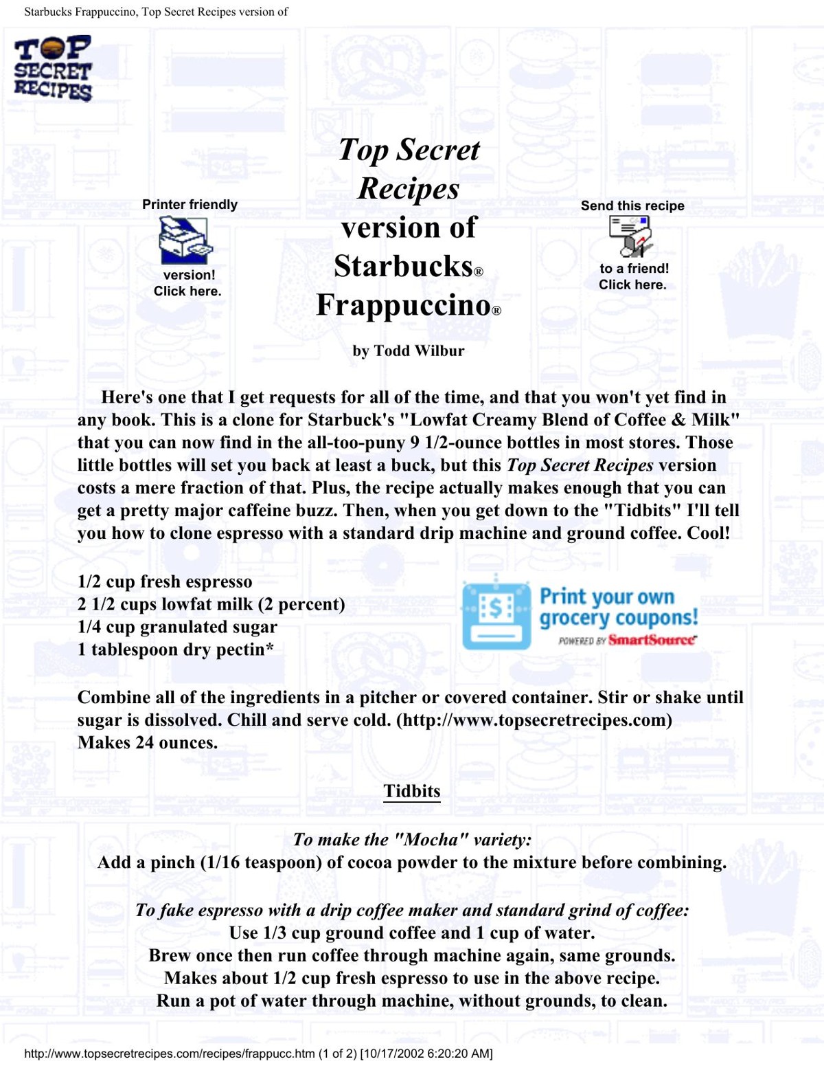Starbucks Frappuccino, Top Secret Recipes version of