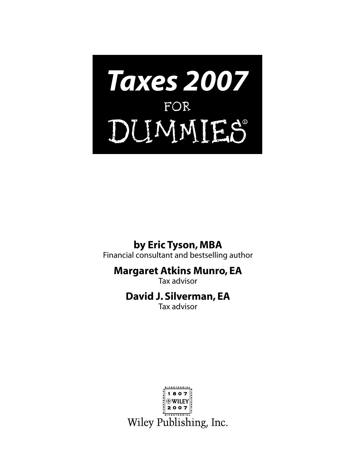 Taxes 2007 for Dummies ISBN - 0470079010
